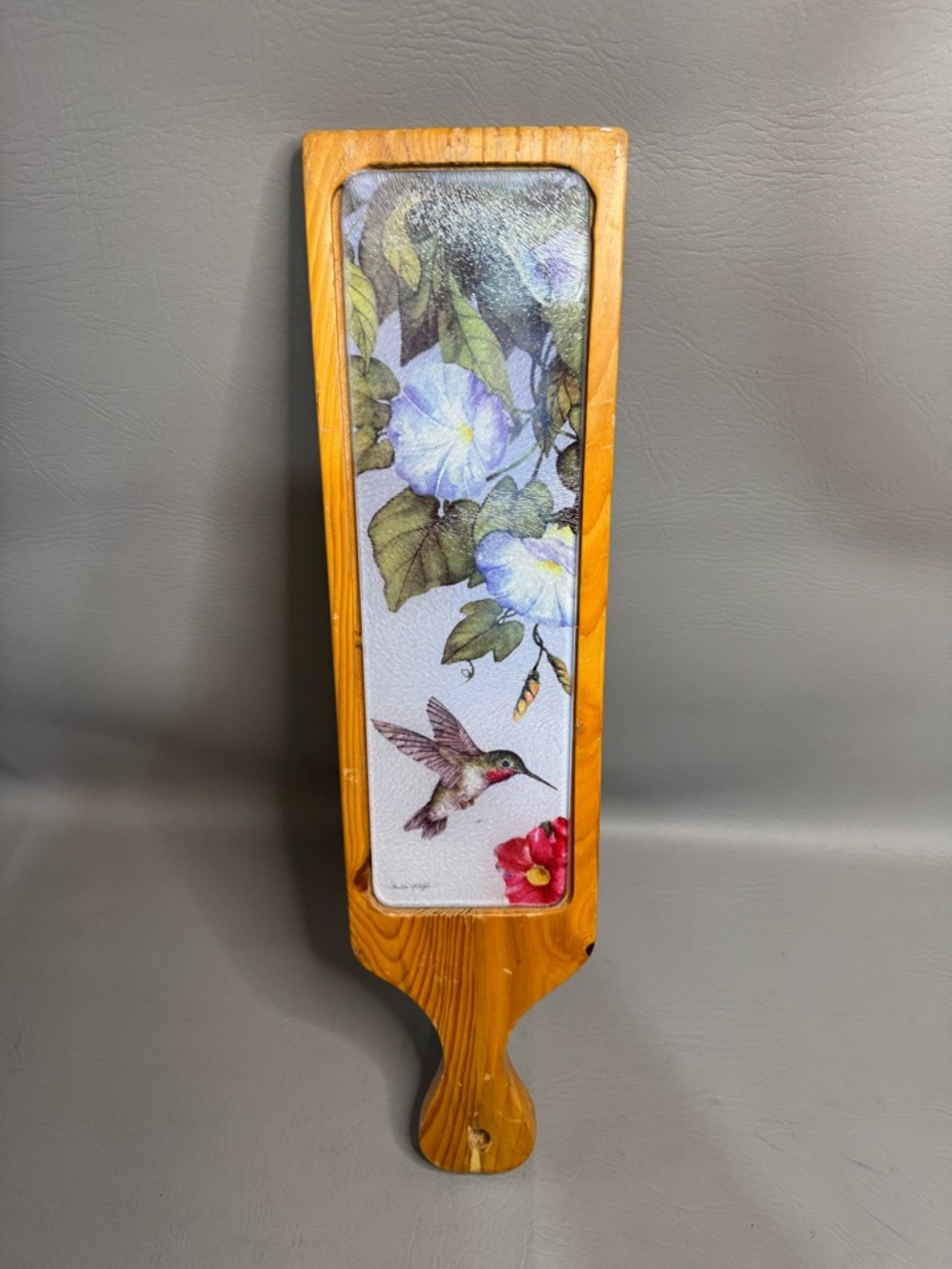 VTG Wood & Glass Food Server Cutting Board 20” x 4.75” Charcuterie Hummingbirds